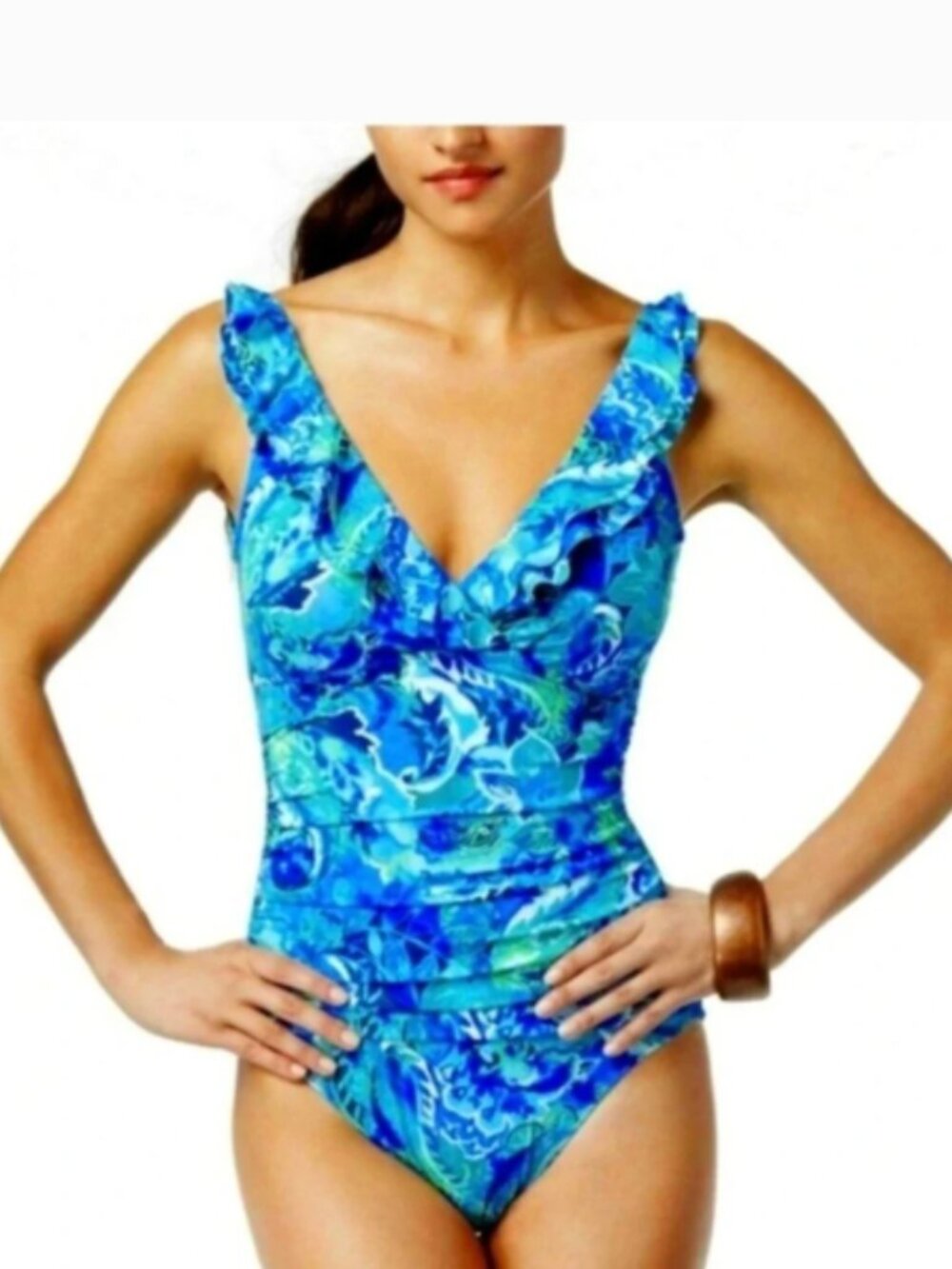 Lauren Ralph Lauren Ruffle front Blue Floral /Paisley One-Piece Swimsuit 14